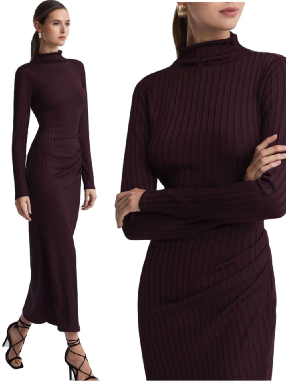 Good American Knitted Funnel Neck Midi Dress, Wine Burgundy size M